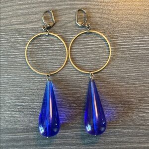 Art Deco Vintage Inspired Brass and Blue Bead Teardrop Earrings